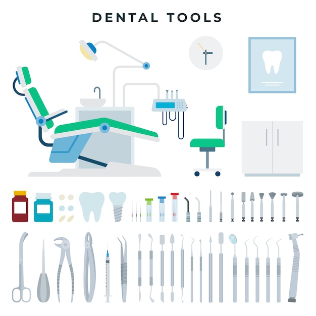 Vetor conjunto de equipamentos e ferramentas de consultório odontológico