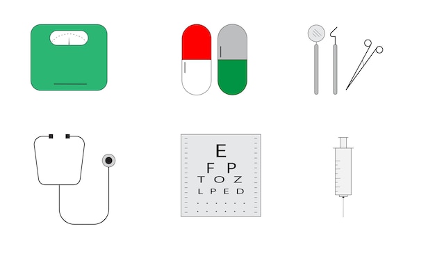 Vetor conjunto de equipamentos médicos e hospitalares ilustração simples de linha plana