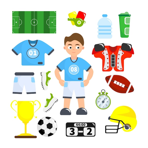 Vetor conjunto de equipamentos para jogador de futebol em estilo cartoon ilustração vetorial de shorts de camiseta de campo de futebol de jogador de futebol cartas de apito botas cronômetro de bola capacete de pontuação em fundo branco