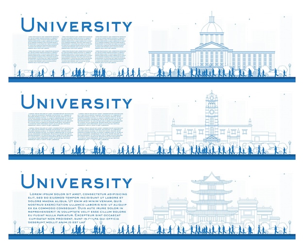 Conjunto de esboço de banners de estudo do campus universitário. ilustração vetorial. os alunos vão para o prédio principal da universidade. banner com cópia espaço.