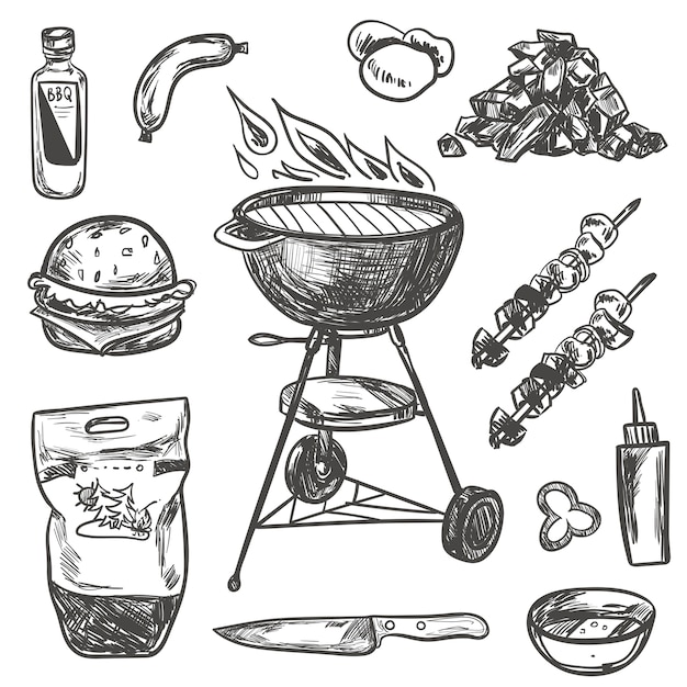 Conjunto de esboço de churrasqueira para churrasco. coleção de churrasco desenhada à mão