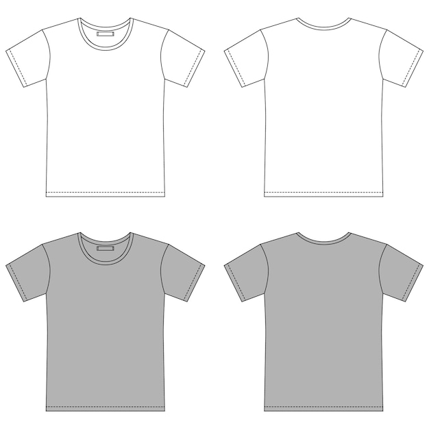 Conjunto de esboço de contorno de camiseta em branco. T-shirt de vestuário design CAD. Ilustração técnica isolada de moda. Vetor frontal e traseiro. Preto e cinza. Modelo de maquete.