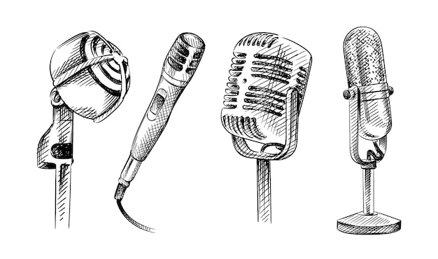 Vetor conjunto de esboço desenhado de mão de microfones.