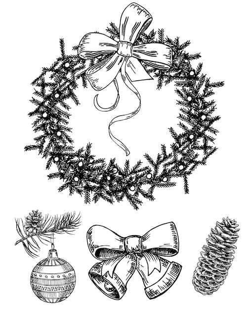 Conjunto de esboço desenhado de mão de natal. objeto isolado de férias retrô, símbolo, elemento. guirlanda de natal, sinos, bola de vidro em um galho de abeto, pinha.