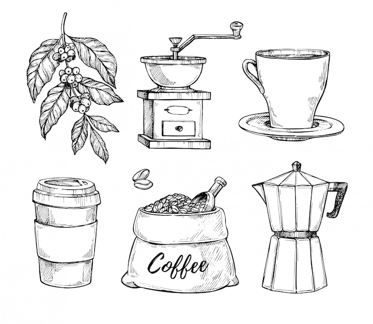Vetor conjunto de esboço desenhado de mão vintage café