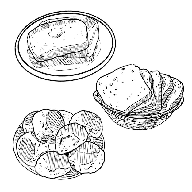 Conjunto de esboço e pão desenhado à mão e conjunto de elementos de torradas de baguete