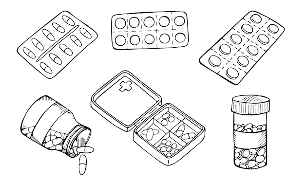 Vetor conjunto de esboço vetorial de pacote de bolha de pílulas ícone de pílulas desenhadas à mão clipart de doodle médico