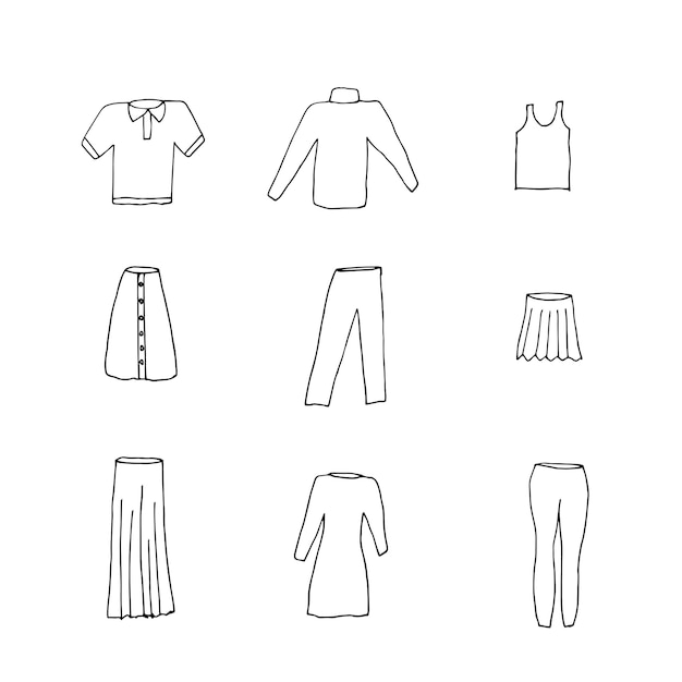 Conjunto de esboços desenhados à mão de diferentes roupas de moda feminina de blusas vestidos calças jaquetas