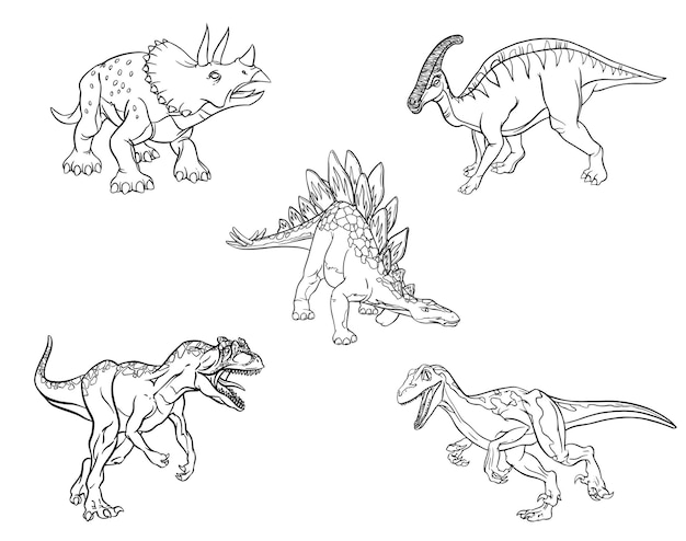 Vetores de Conjunto De Dinossauros De Desenho Animado Para Colorir