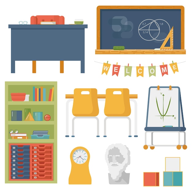 Vetor conjunto de escola ou ícones vetoriais de móveis de kit