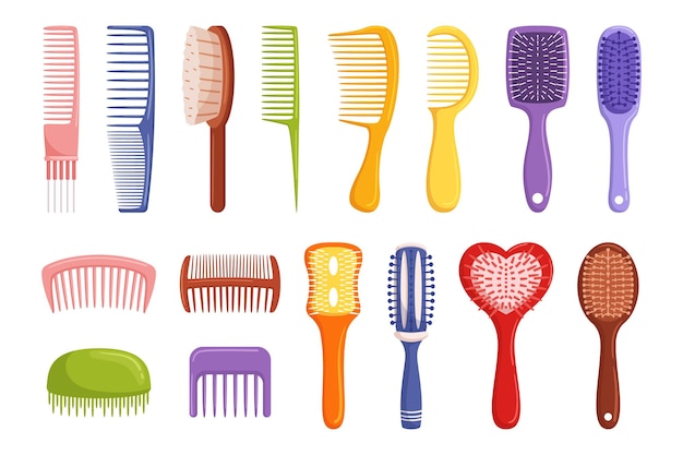 Vetor conjunto de escovas de cabelo com cerdas e pás de dentes largos, adequado para desembaraçar, modelar e alisar o cabelo