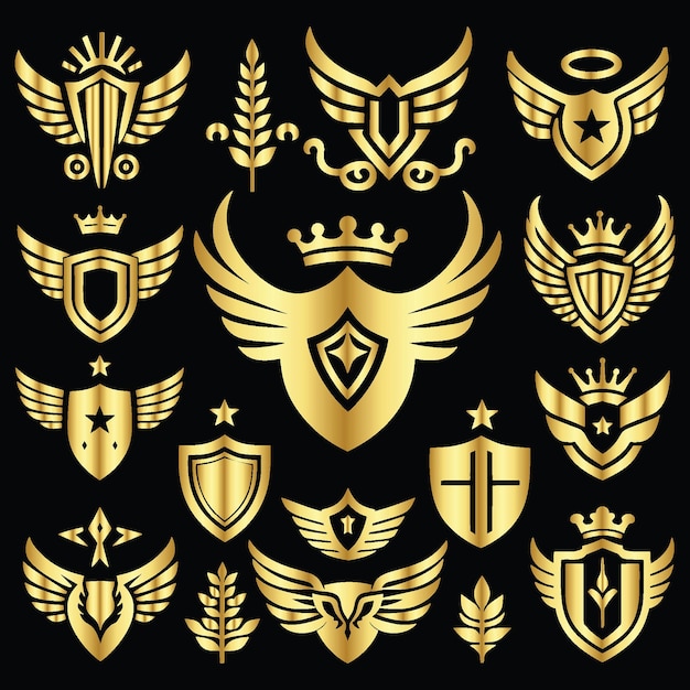 Conjunto de escudos heráldicos dourados, coroas, asas e louros para design de marca