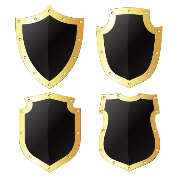 Conjunto de escudos pretos com borda dourada e desenho de rebites