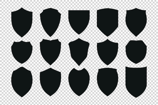 Conjunto de escudos pretos simples diferentes formas coleção de emblemas em branco elementos clássicos de design vintage isolados gráficos vetoriais