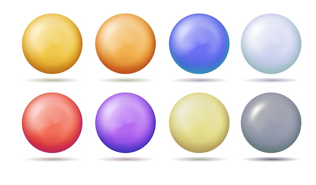 Conjunto de esferas brilhantes e bolas em várias cores sobre um fundo branco com sombra