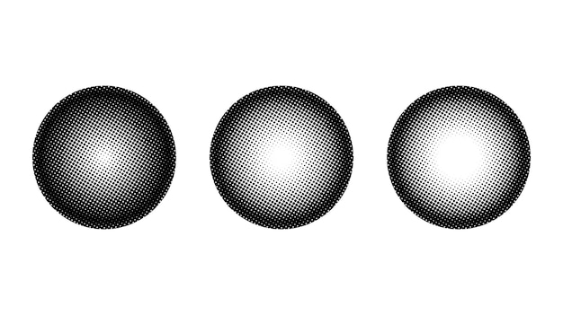 Vetor conjunto de esferas de meio-tom. globos pontilhados de semitom. círculos de textura em quadrinhos. coleção de gradiente redondo