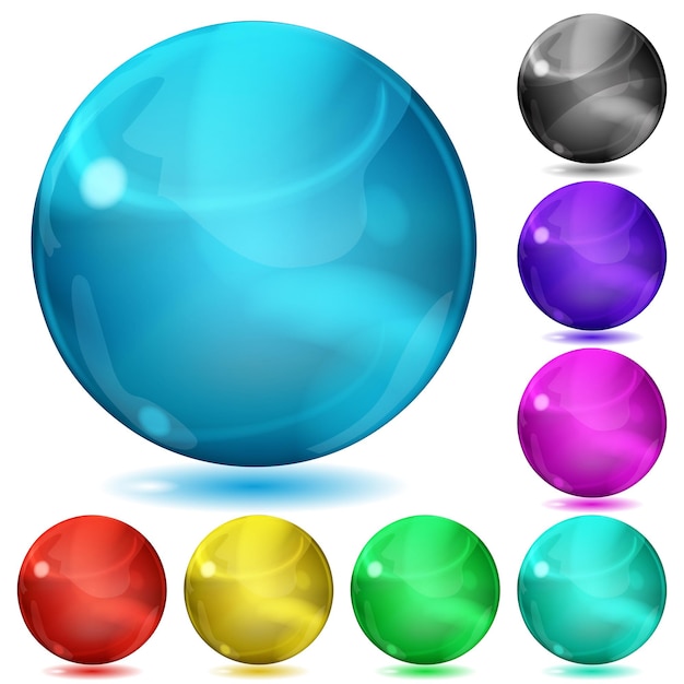 Conjunto de esferas opacas de várias cores com brilhos e sombras