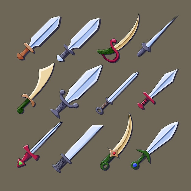 Conjunto de espadas e facas para jogos e ilustrações. Tipos diferentes.