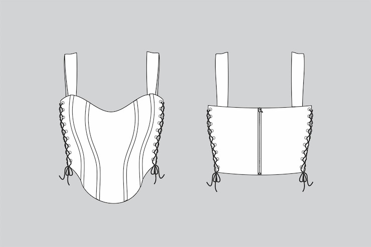 Vetor conjunto de espartilho e espartilha, ilustração de bustier,