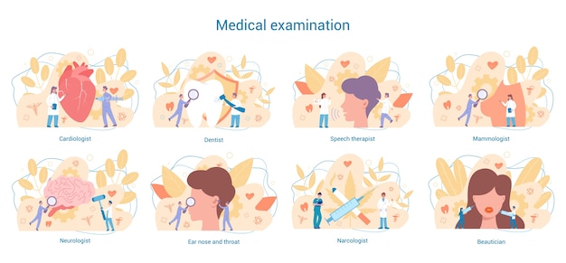 Conjunto de especialidades médicas. Dentista e cardiologista, neurologista e narcologista. Diagnóstico e tratamento de doenças.
