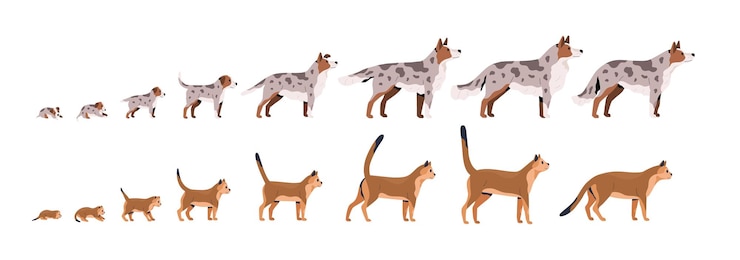 Vetor conjunto de estágios de crescimento de animais de estimação vector ilustração plana. o animal doméstico cresce do cachorrinho ao cão e do gatinho ao gato isolado no fundo branco. processo de crescimento do ciclo de vida do animal de estimação.