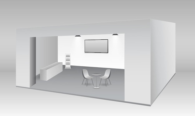 conjunto de estande de exposição comercial realista ou quiosque de exposição em branco branco ou estande corporativo