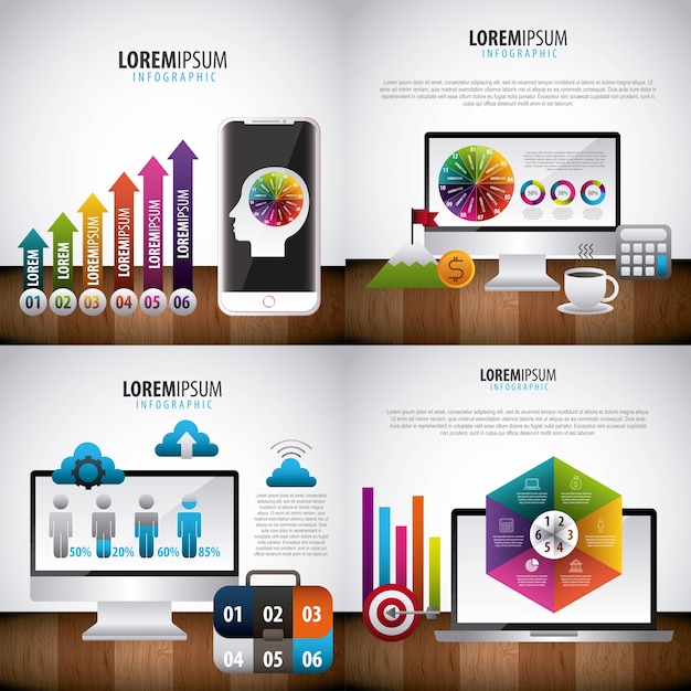 Vetor conjunto de estatísticas infográfico escritório de nuvem de negócios