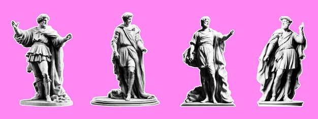 Conjunto de estátuas de homens em estilo de colagem retrô da ilustração vetorial renascentista com meio-tom