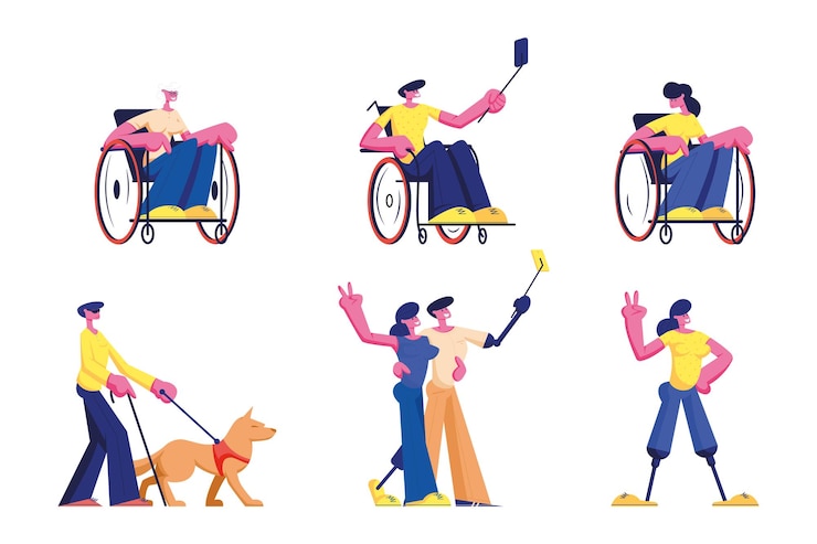 Vetor conjunto de estilo de vida de pessoas com deficiência. personagens masculinos e femininos deficientes, jovens e velhos, homens e mulheres andando em cadeiras de rodas, ilustração de desenho animado