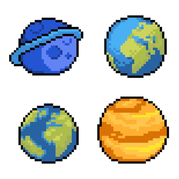 Conjunto de estilo dos anos 80 de pixel art de planetas sprites de 8 bits Objetos do sistema solar Vários planetas espaciais design de jogo mundo fantástico ícones vetoriais isolados