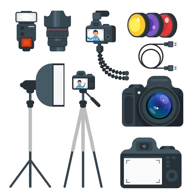 Conjunto de estilo plano de vetor de equipamento fotográfico. Isolado em um fundo branco.