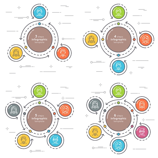 Conjunto de estilo simples 3-6 etapas círculo modelo infográfico.