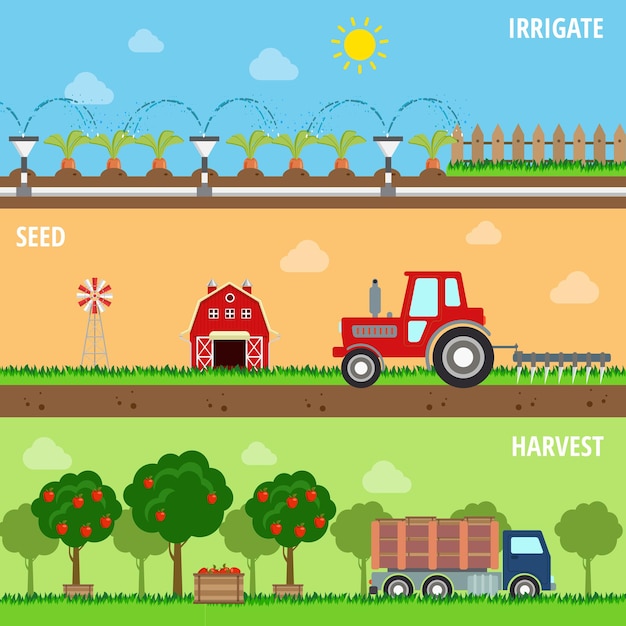 Conjunto de estilo simples de processo de colheita de cultivo de sementes de irrigação agrícola