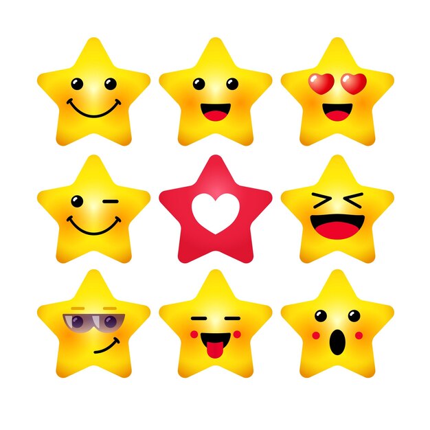 Vetor conjunto de estrelas bonitas coleção de emoticons 3d ícones positivos e amigáveis forma de estrela