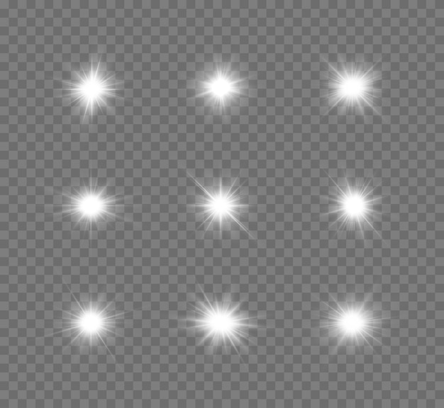Conjunto de estrelas brancas brilhantes Efeito de luz Estrela brilhante Estrela de Natal Luz brilhante prateada explodindo em um fundo transparente