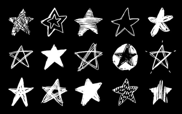 Conjunto de estrelas brancas desenhadas à mão grunge rabiscos giz rabiscos pinceladas ásperas