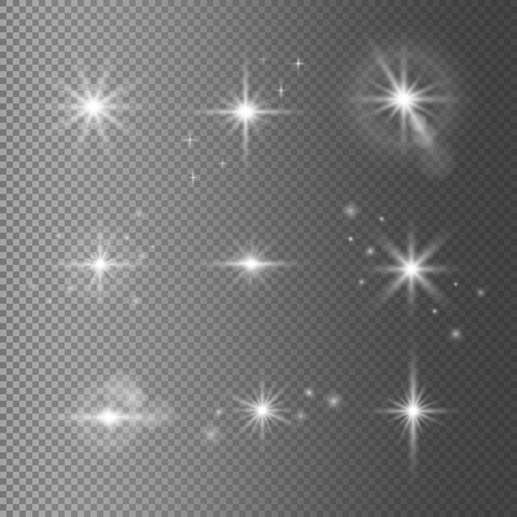 Vetor conjunto de estrelas brilhantes com efeito de luz realista luz flash em fundo transparente