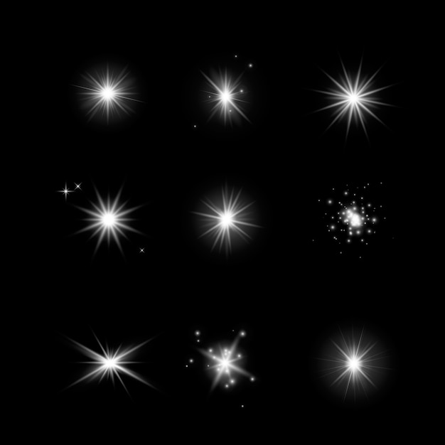 Conjunto de estrelas brilhantes de efeito de luz. Explosões com brilhos no fundo escuro transparente. Estrelas de vetor transparente isoladas no escuro