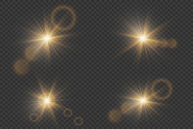 Conjunto de estrelas brilhantes e brilhos de partículas de luz solar e brilhantes com efeito
