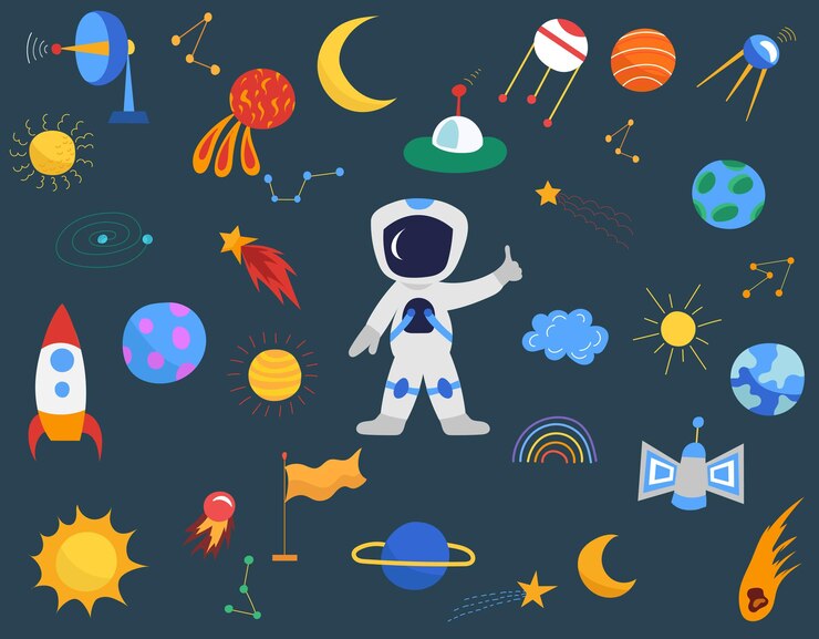 Vetor conjunto de estrelas de astronauta do planeta foguete design plano vetor isolado