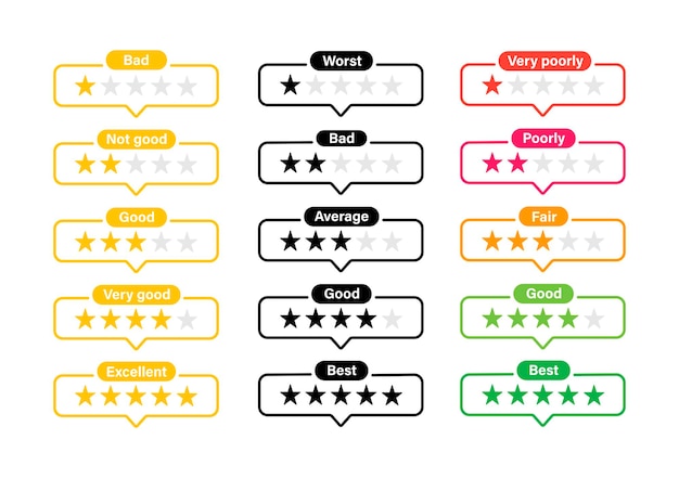 Conjunto de estrelas de avaliação. avaliação de feedback do pior antes do excelente. ilustração vetorial