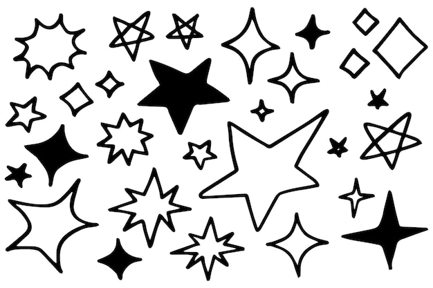 Conjunto de estrelas de rabiscos desenhados à mão preta isoladas no fundo branco