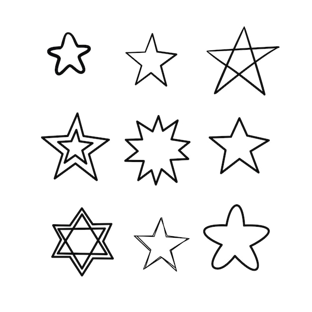 Vetor conjunto de estrelas do doodle. muitas estrelas desenhadas de giro mão no fundo branco. ilustração vetorial para impressão, têxtil, papel.