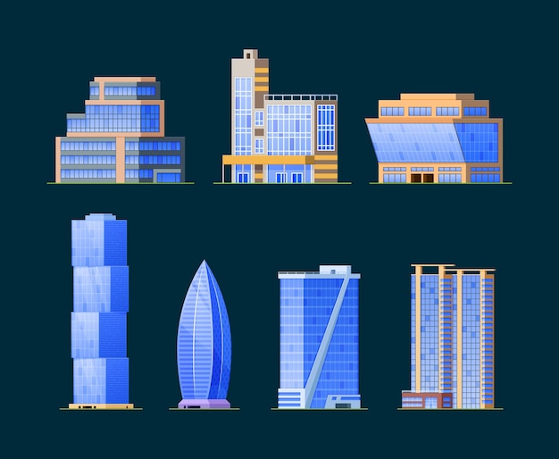 Conjunto de estruturas arquitetônicas de fachadas de edifícios diferentes arranha-céus de arquitetura urbana