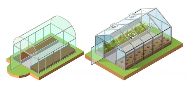 Conjunto de estufa para o cultivo de vegetais. ilustração 3d isométrica ícone