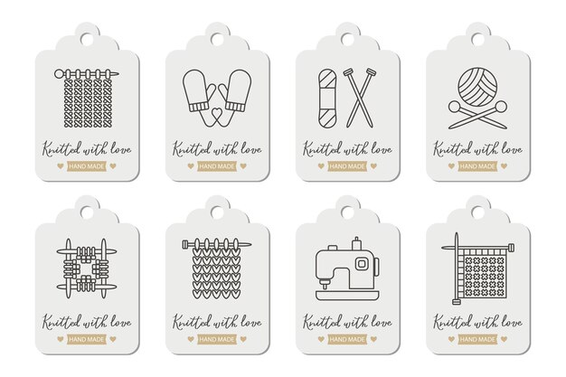 Vetor conjunto de etiquetas agulhas de tricô com novelos de lã e letras malha com amor passatempo