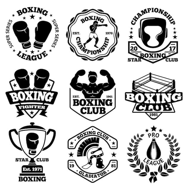 Conjunto de etiquetas de boxe com boxer