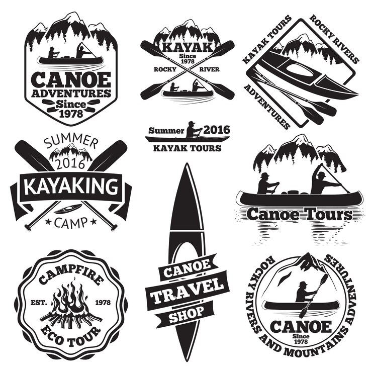 Vetor conjunto de etiquetas de canoa e caiaque. dois homens em um barco canoa, homem em um caiaque, barcos e remos, montanhas, fogueira, floresta, passeios de canoa, caiaque, loja de viagens de canoa.