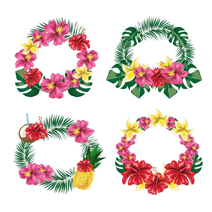 Vetor conjunto de etiquetas de flor de folha tropical.