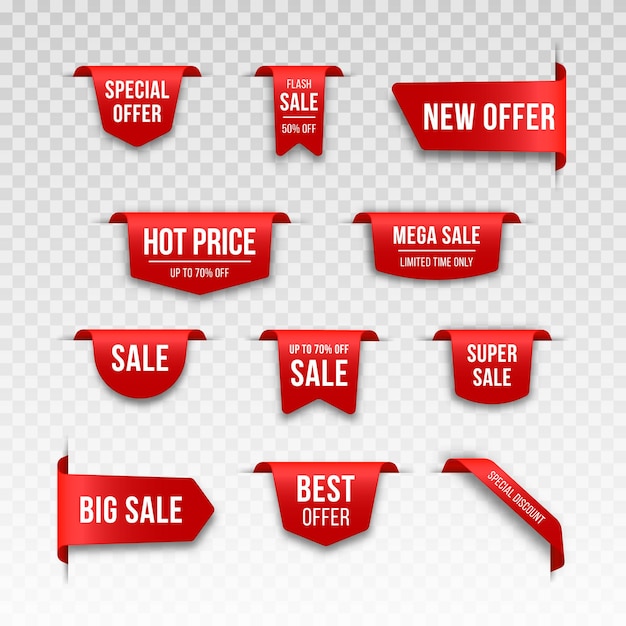 Conjunto de etiquetas de preço vermelhas. design de marca para sexta-feira negra. etiqueta de vendas realista.